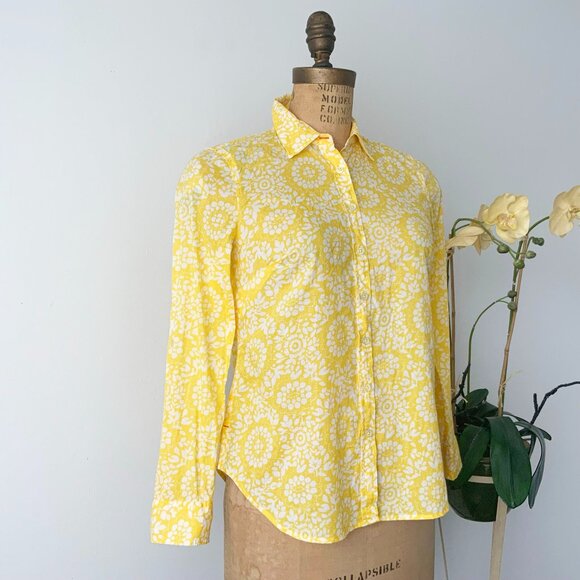 TALBOTS  Petites Yellow and White Flora Cotton Roll Tab Sleeve Summer Shirt - Picture 2 of 16